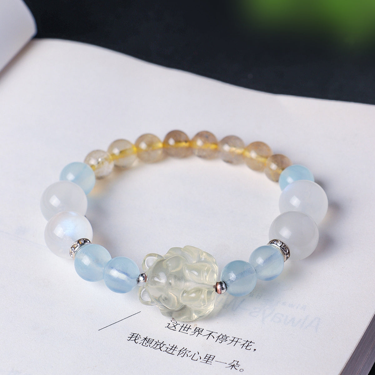 AS廠-天然海藍寶粉水晶星月串珠手鍊女清新甜美黃水晶九尾狐手串首飾「SL6480」25.07-3