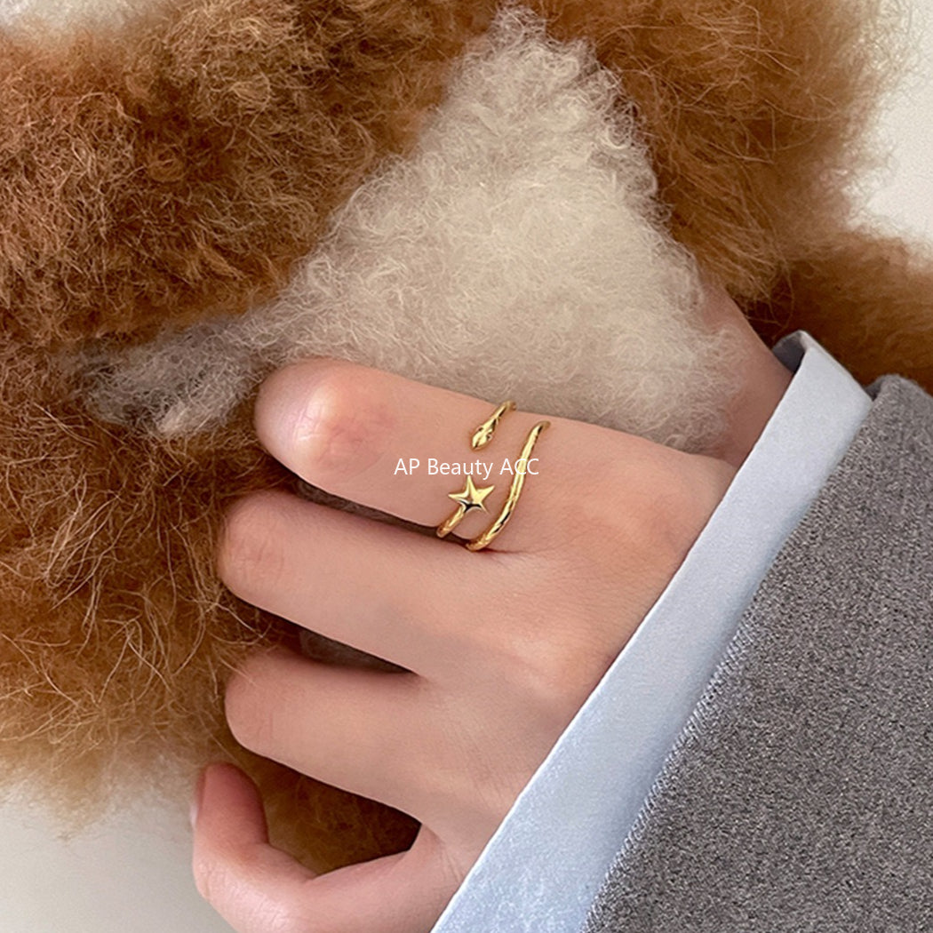 C廠-韓版簡約小巧可愛星星純銀戒指女輕奢高級感形狀蛇形食指戒新指環「JZ-0718」25.10-3