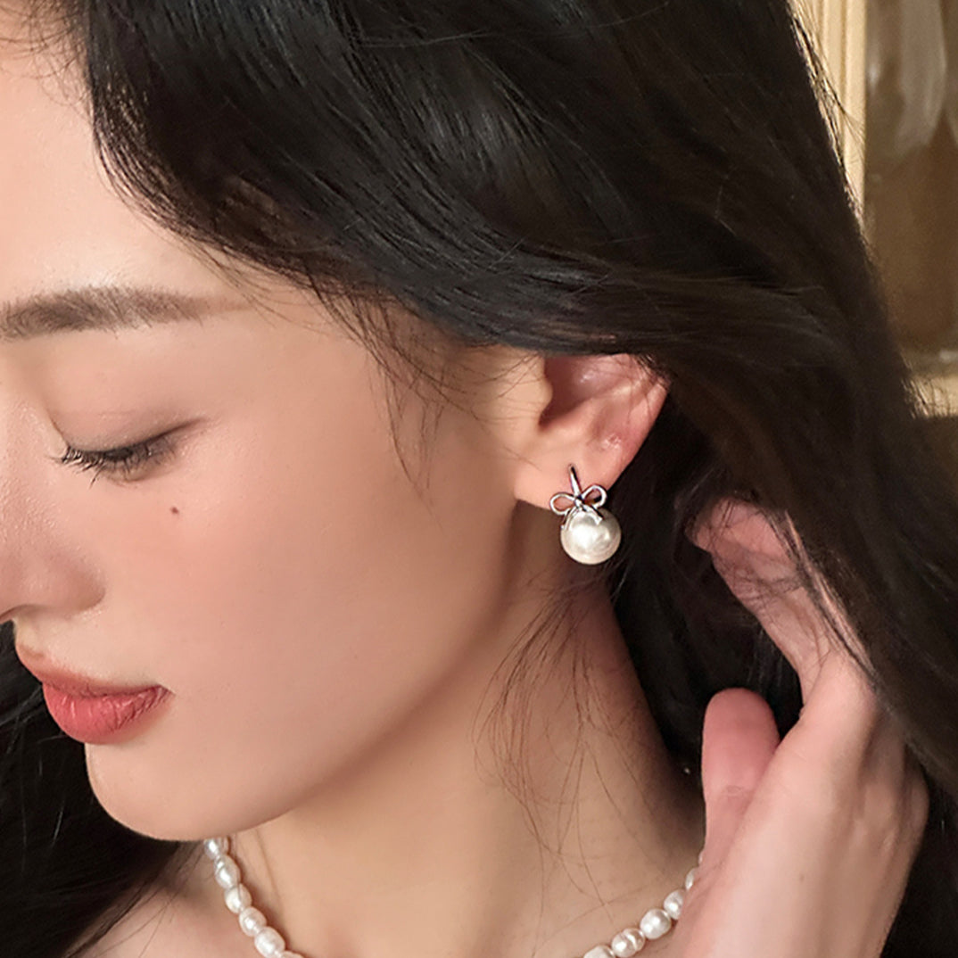 C廠-輕奢高級感銀針蝴蝶結耳釘女小眾氣質溫柔珍珠耳環時尚百搭耳飾「EH-3703」25.07-2