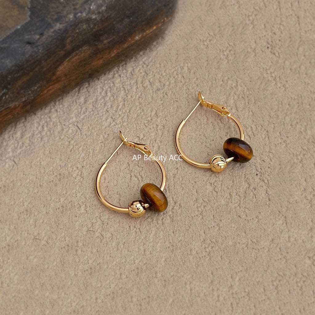 A廠-文藝復古天然石虎眼石圓形幾何銀針高級感耳環女圓圈新工廠「7113」25.11-3