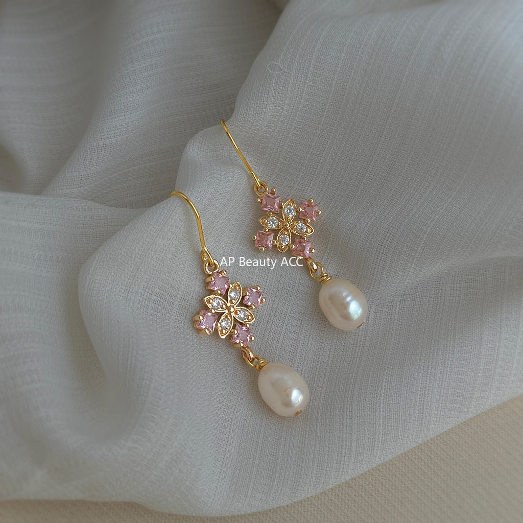 A廠-淡水珍珠微鑲鋯石清新甜美小香風新款耳飾工廠飾品水滴耳環「7045」25.11-1