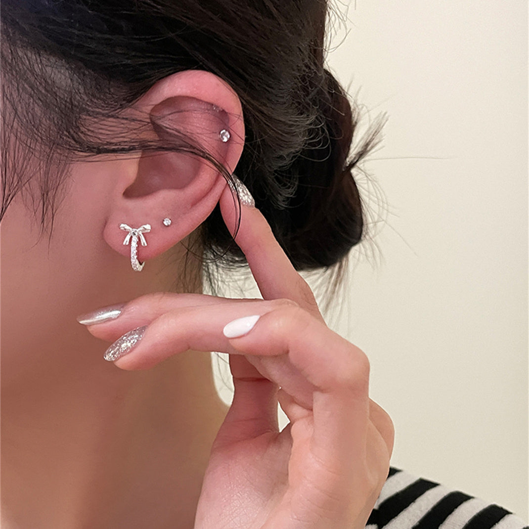 C廠-輕奢潮流高級感鋯石銀針耳環女百搭小香風蝴蝶結耳圈精緻時尚耳飾「EH-3787」25.07-4