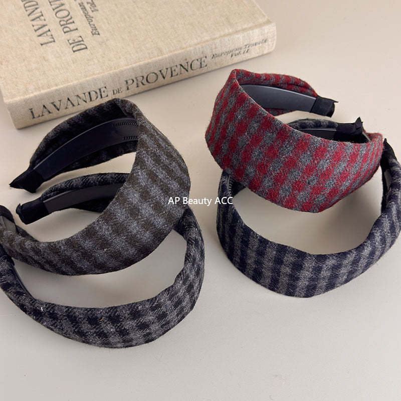 E廠-復古咖色格紋髮箍女日常外戴秋冬氛圍感寬邊頭箍高顱頂髮箍新款女「27632」25.11-1