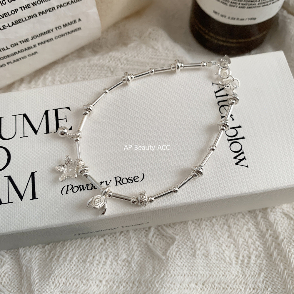 C廠-清新甜美森系花朵花葉圓珠直管S925純銀手鍊銀手鍊「1546」25.11-2