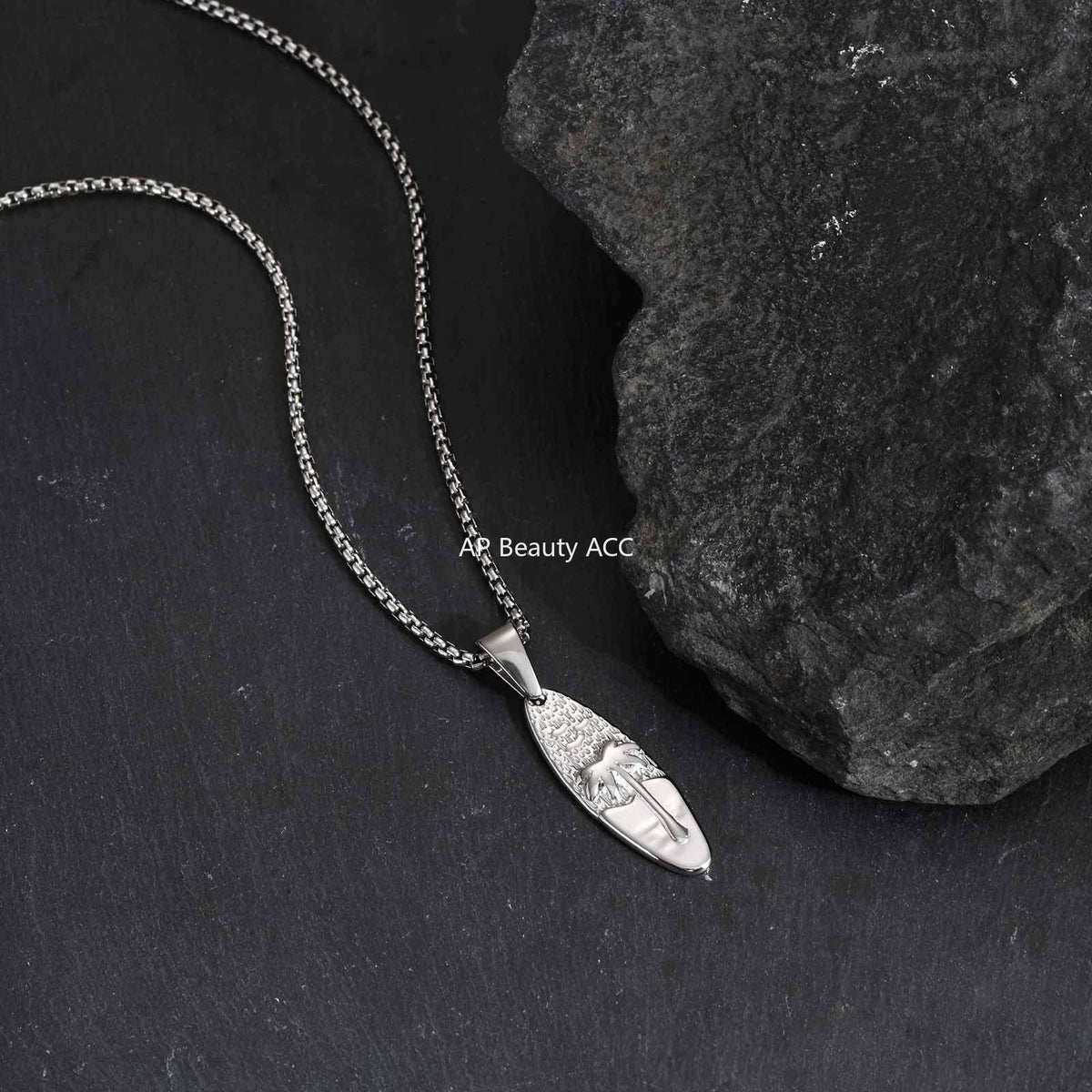 G廠-男士休閒度假風不鏽鋼橢圓椰樹吊墜項鍊 歐美時尚飾品批發「PN-2159」25.10-5