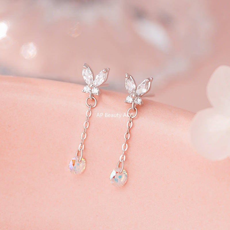 D廠-足銀S999蝴蝶鋯石流蘇耳環森系炫彩時尚輕奢精美淡雅小眾耳飾耳釘「YC4634E_1」25.11-1