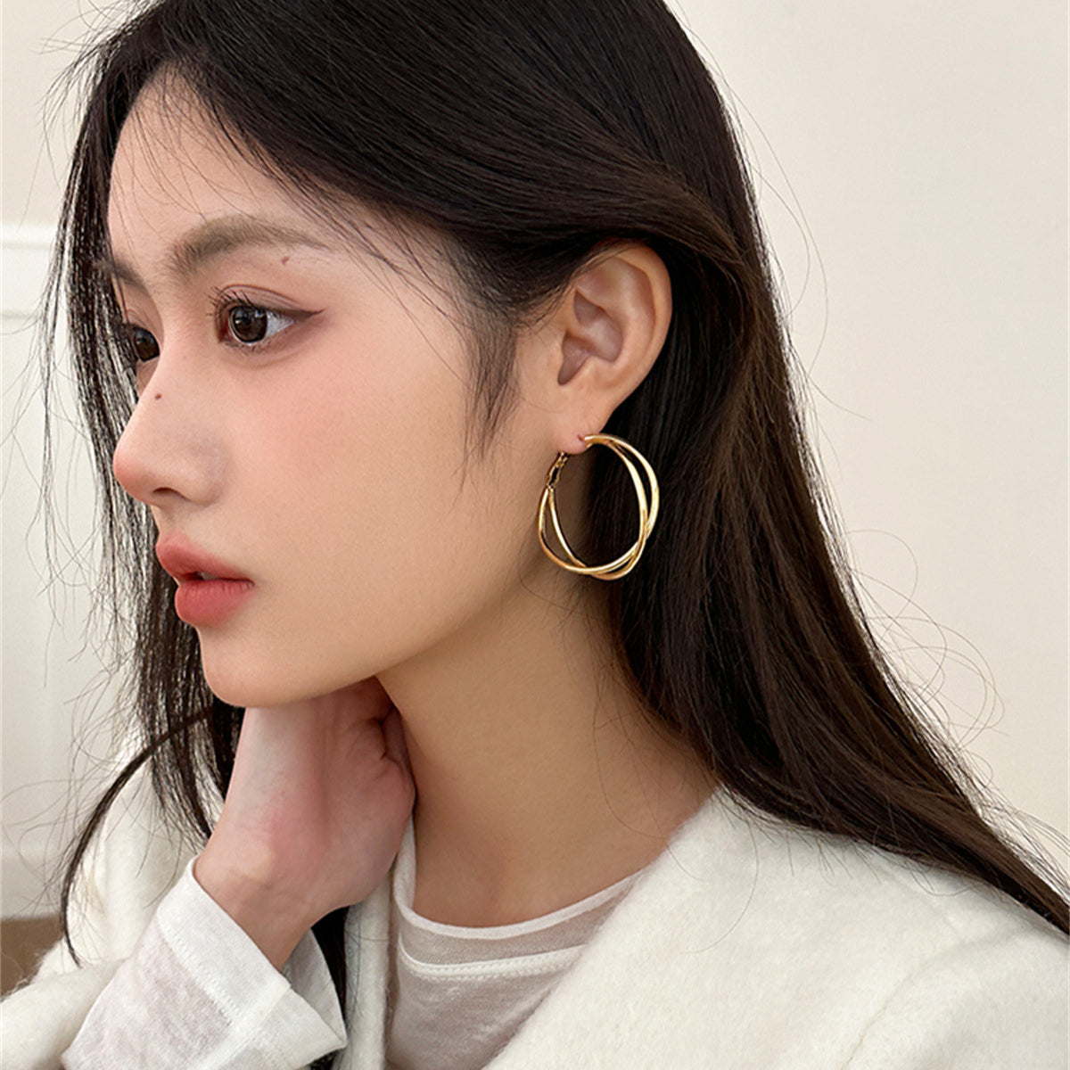 C廠-高級感誇張雙層交叉大圈耳環女輕奢時尚銀針耳扣獨特個性耳飾品「EH-3500」25.05-3