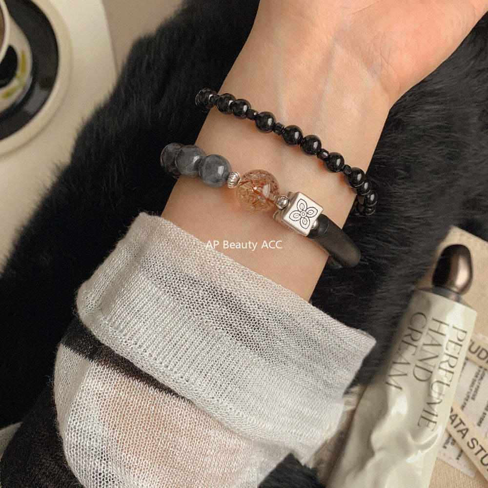 C廠-藏式古風 花朵方糖天然黑金超七水晶沈香木半鐲墨玉手串手工手鍊「1611」25.11-4