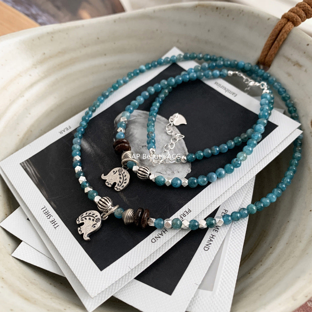 C廠-泰國清邁手工銀復古泰銀大象小象S925項鍊銀手鍊天然藍磷灰手鍊「1545」25.11-2