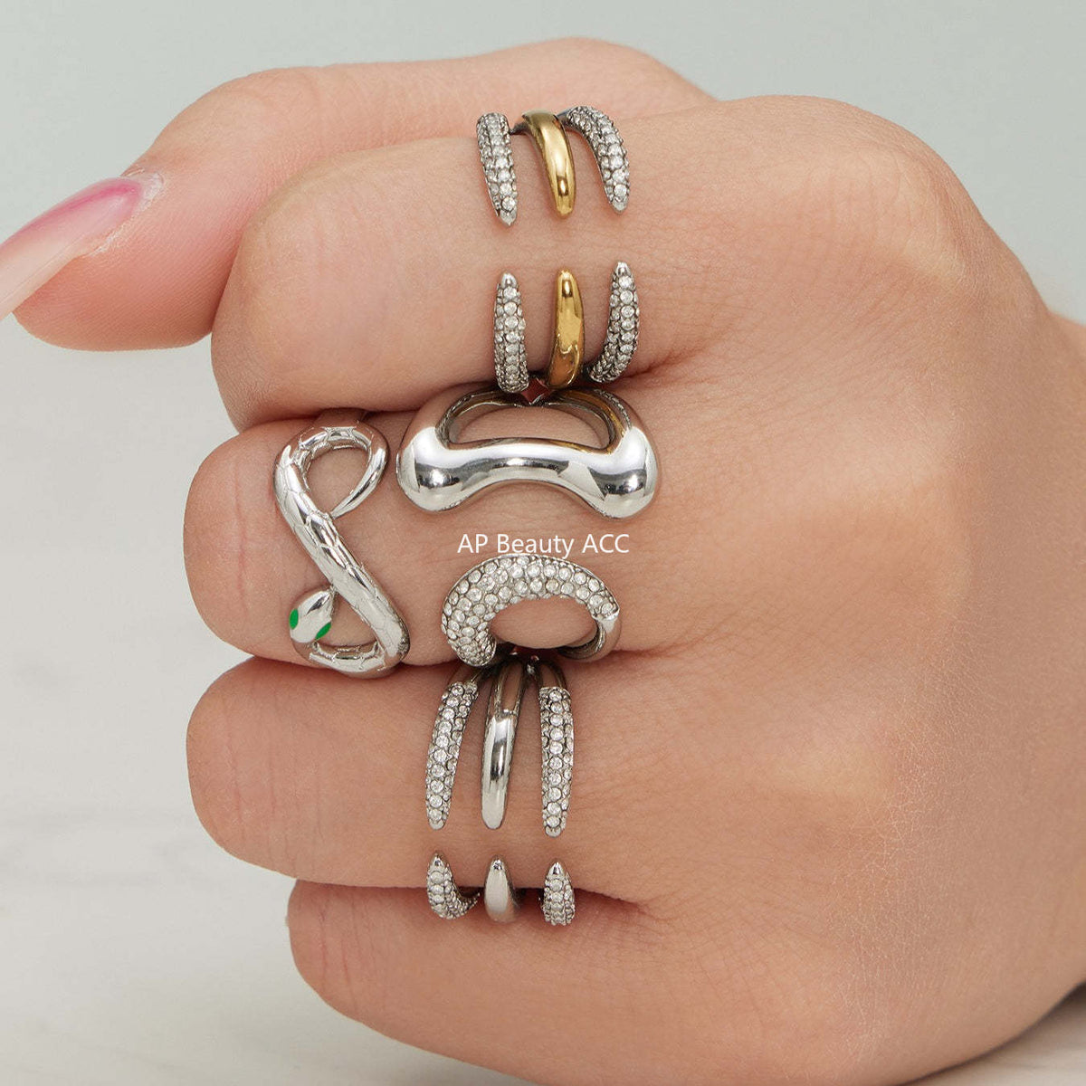 B廠-不鏽鋼細鑽鑲嵌鋯石開口戒指組合鍍18k真金INS小眾時尚設計手飾品「A382-A-A622-A674」25.12-3