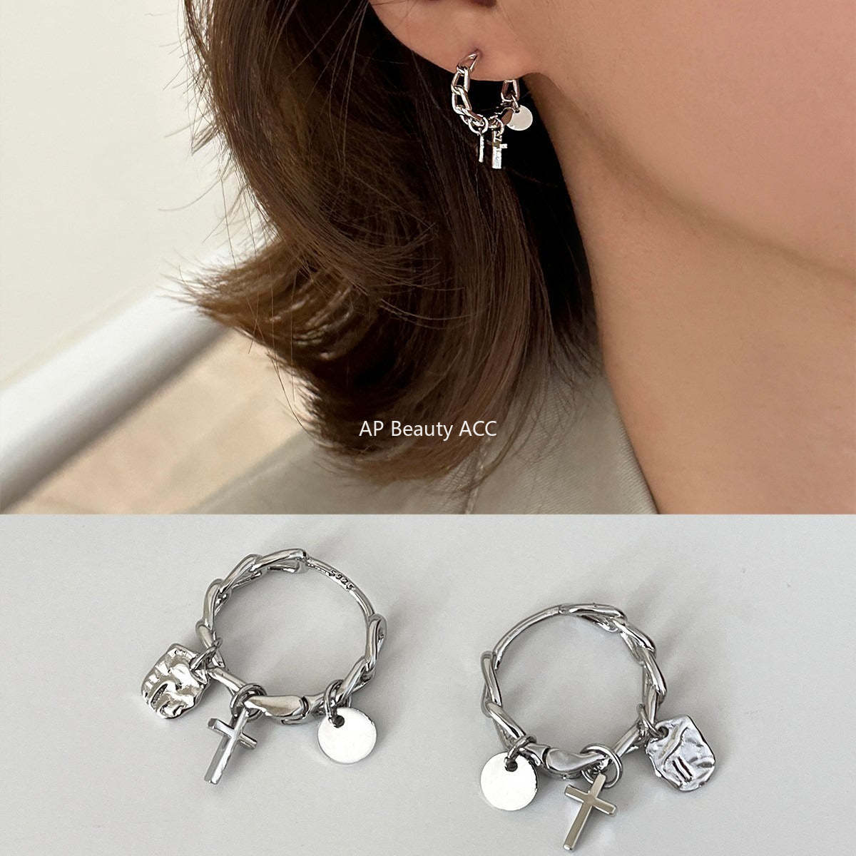 C廠-歐美設計感925銀針十字架吊墜耳環女冷淡風潮流酷颯耳扣秋冬耳飾「EH-4270」25.11-4