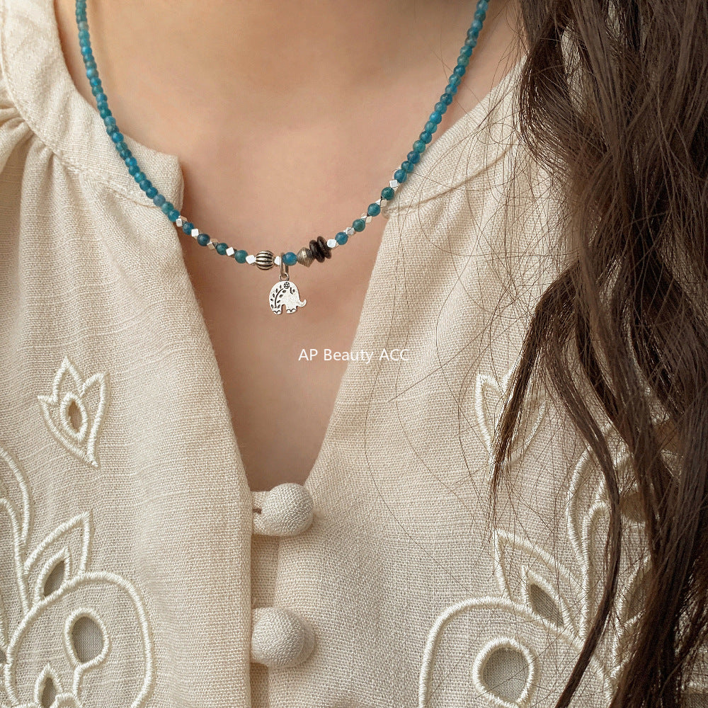 C廠-泰國清邁手工銀復古泰銀大象小象S925項鍊銀手鍊天然藍磷灰手鍊「1545」25.11-2