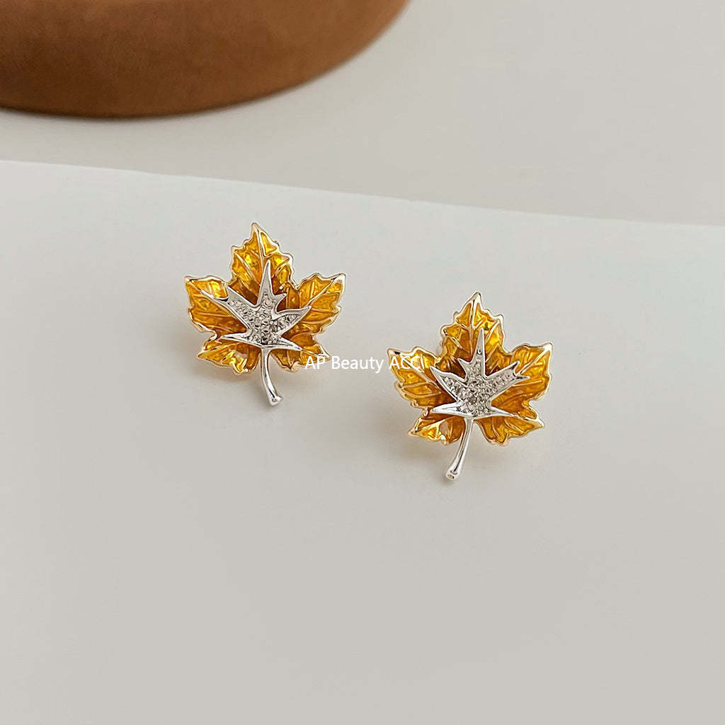 A廠-爆款！楓葉雙拼色微鑲鋯石琺瑯滴釉彩繪s925銀針新款樹葉耳飾耳釘「6996」25.10-5