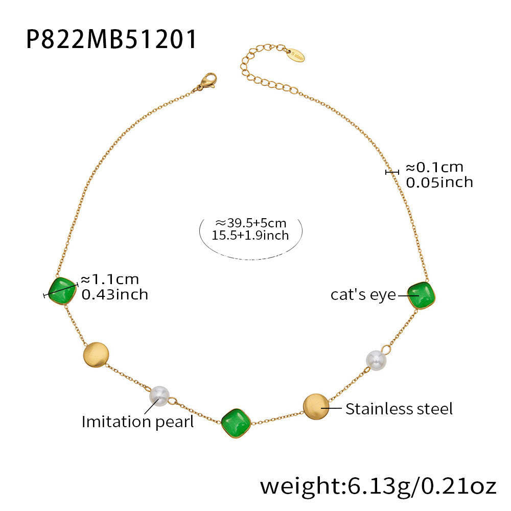 B廠-不鏽鋼貓眼石多色手工串膠珠鎖骨項鍊鍍18k真金質感女款珠寶首飾「P822」25.12-2