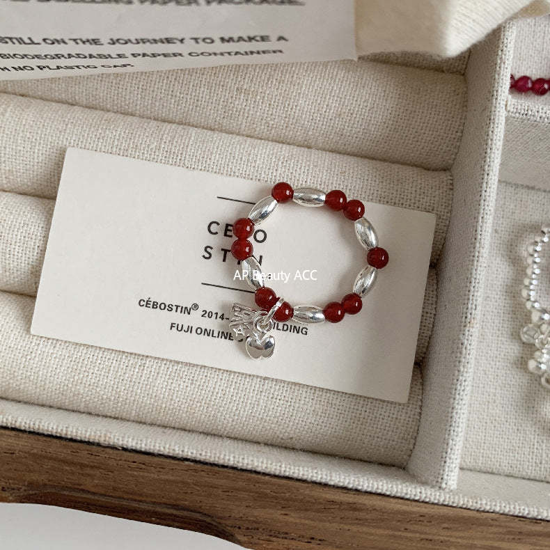 C廠-古風花朵葉子福袋小馬元寶蘋果紅瑪瑙彈力戒指S925純銀戒指女士「RB」25.11-4