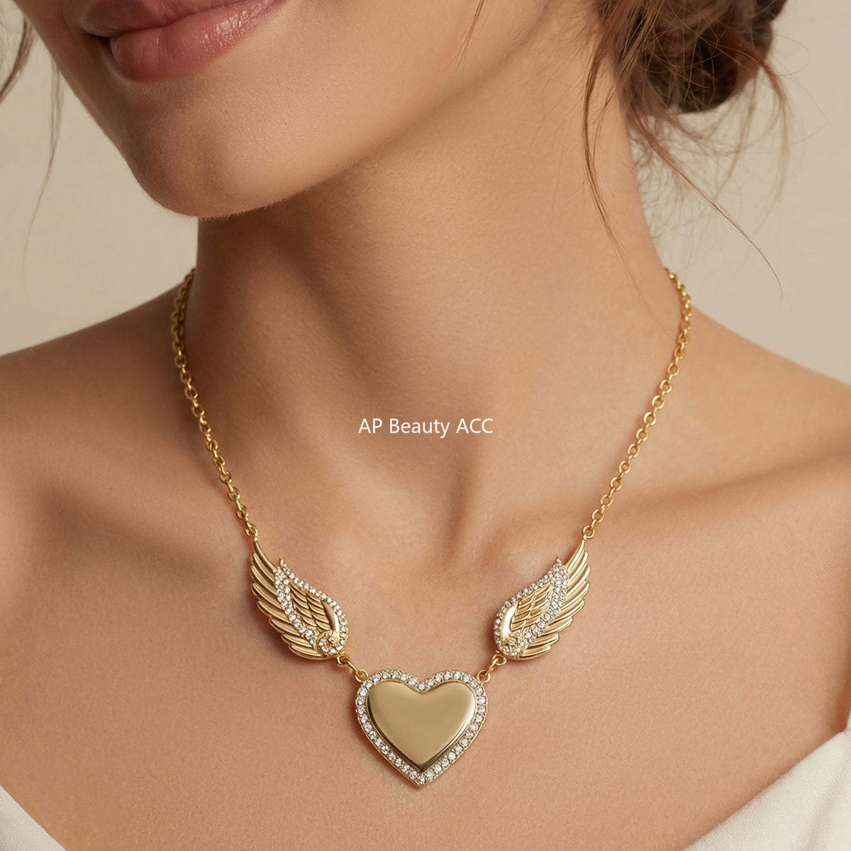 B廠-不鏽鋼5A鋯石愛心翅膀吊墜項鍊羽翼開口戒指套裝鍍18k真金不掉色「TXP523」25.12-3