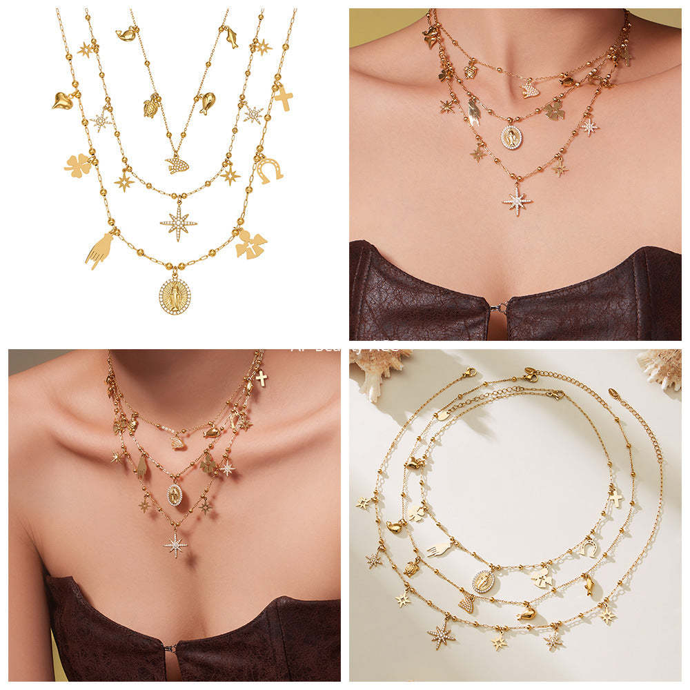 B廠-不鏽鋼DIY多配件鑲嵌鋯石吊墜十字夾珠項鍊鍍18k真金跨境時尚飾品「P732」25.11-4