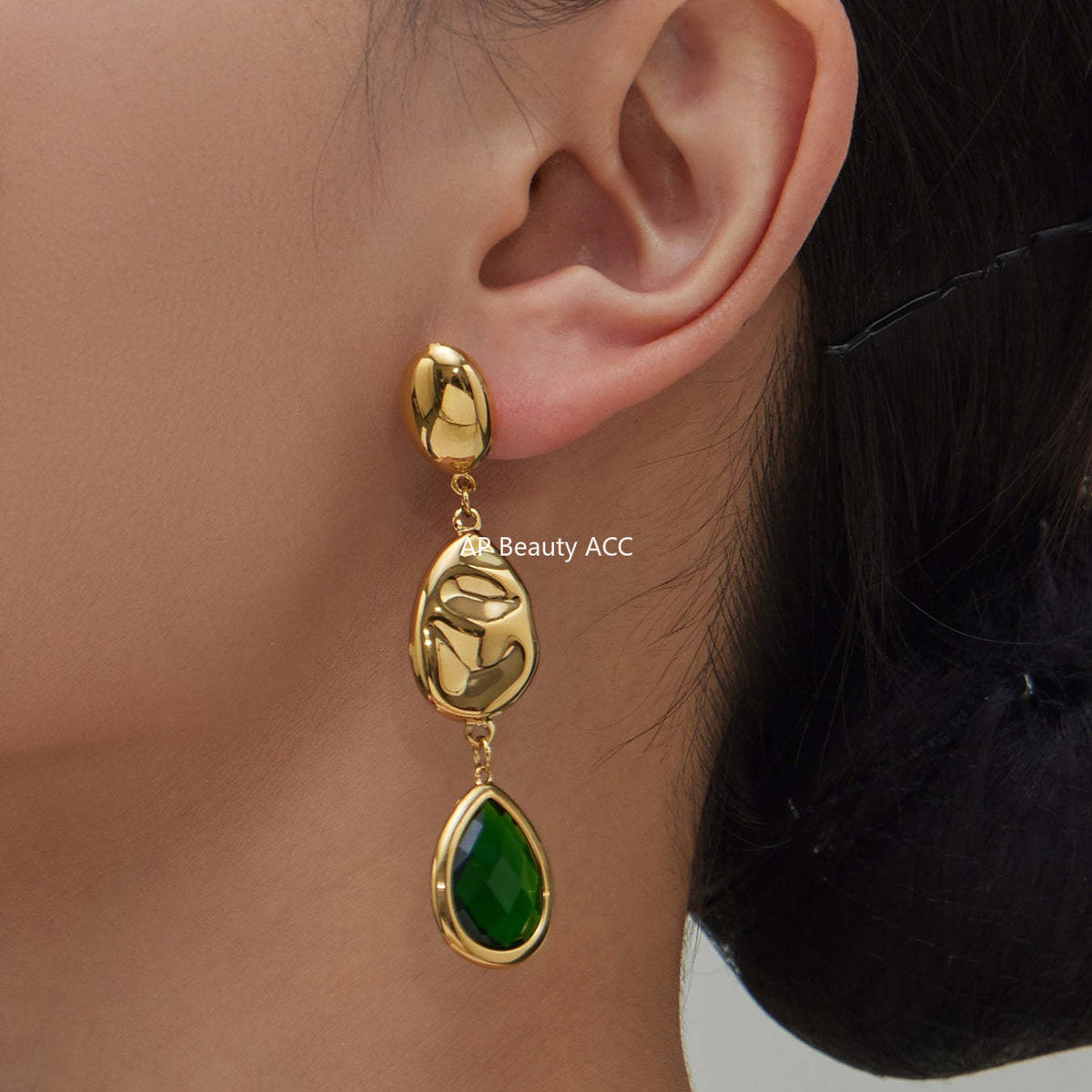 B廠-不鏽鋼空心水滴切面玻璃石耳環歐美小眾時尚高質感耳飾鍍18k真金「F764」25.12-1