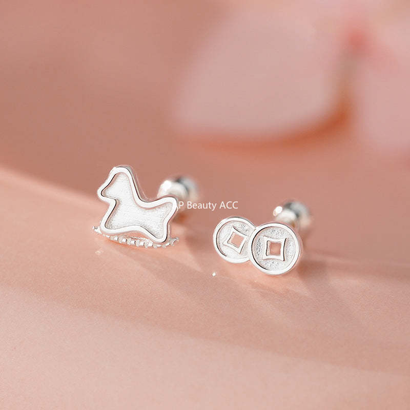 D廠-S999足銀木馬銅錢耳環新中式簡約氣質本命年氣質小眾耳飾批發「YC2891E_1」25.11-3