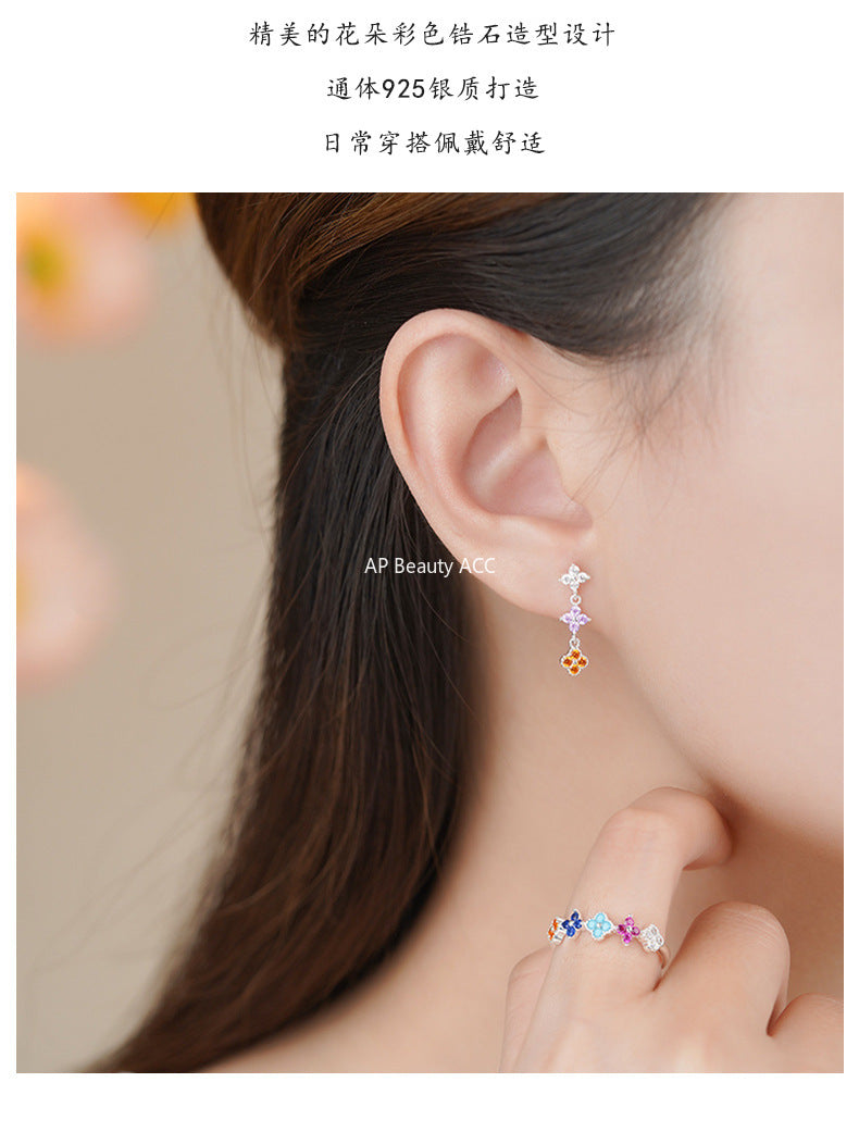 D廠-S925純銀個性彩色四葉草耳環環甜美多巴胺可愛清新簡約首飾批發「YC3164R_1 YC6343E_1」25.11-2