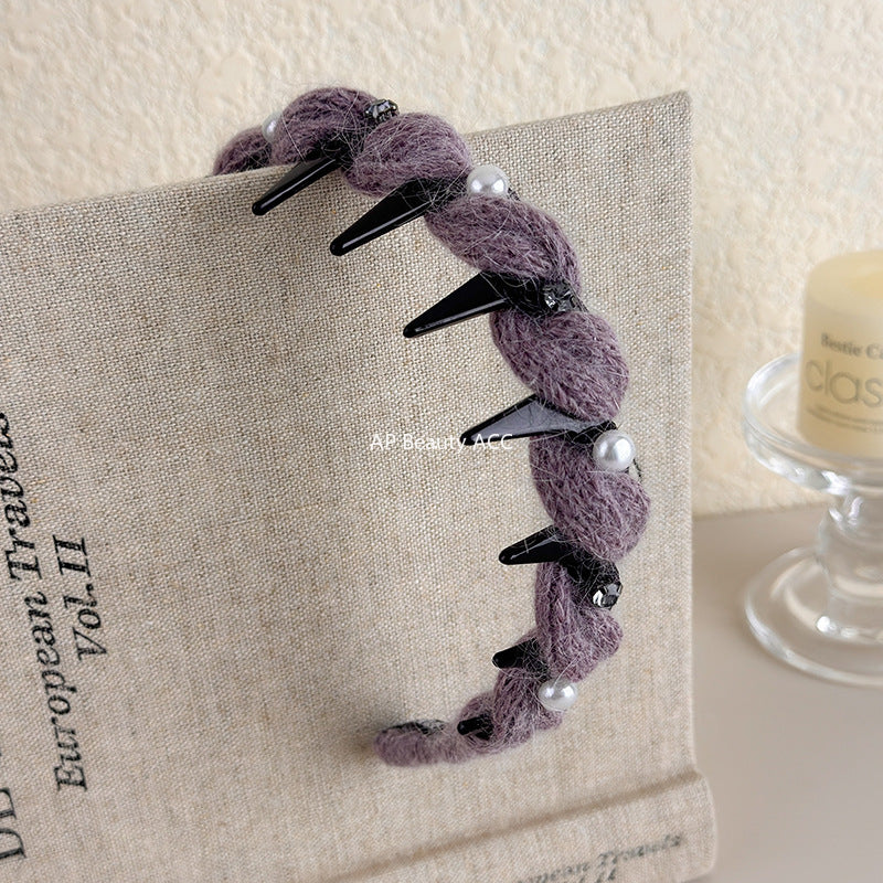 E廠-韓系閃鑽珍珠毛線波浪髮箍女高顱頂頭箍帶齒防滑外戴髮卡壓髮頭飾「27663」25.11-2