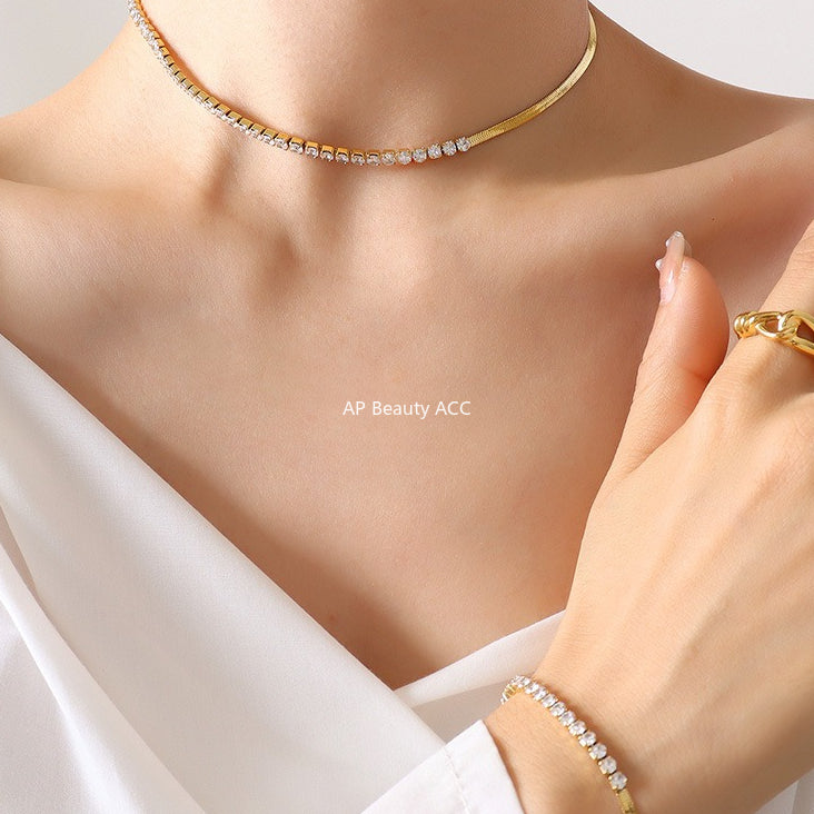 B廠-歐美不掉色精緻氣質帶鑽鋯石鑲嵌拼接刀片鏈鍍金項鍊手鍊首飾套裝「P281-E326」25.11-2