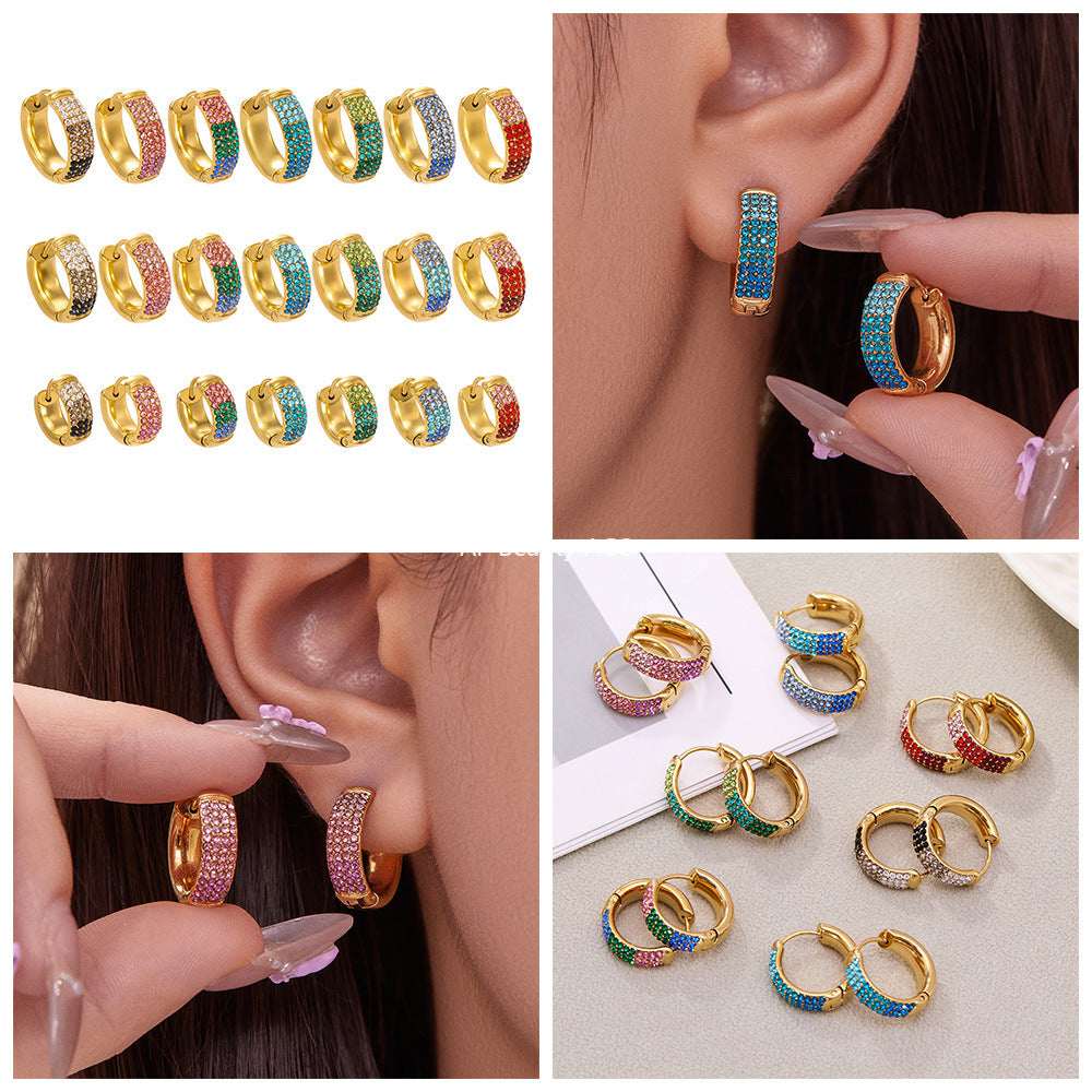 B廠-彩色鋯石拼色圓圈耳環大中小尺寸耳扣不鏽鋼鍍18k真金飾品「F931」25.11-2