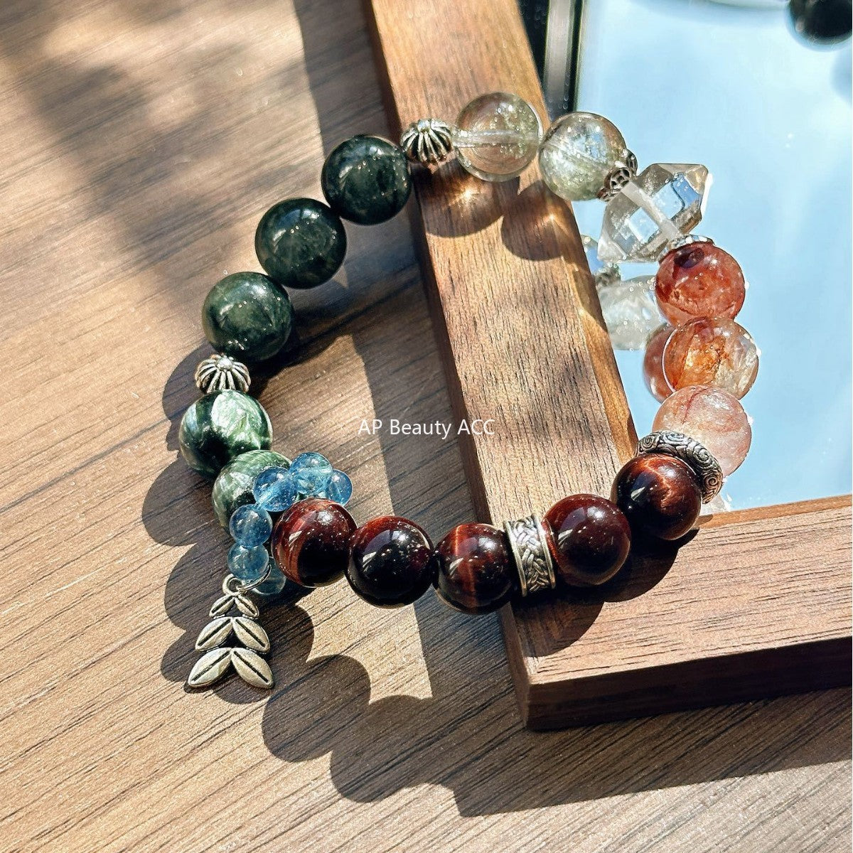 AS廠-天然綠髮晶紅虎眼紅膠花綠幽靈DIY設計多寶手鍊手串高級小眾「l2997」25.11-2