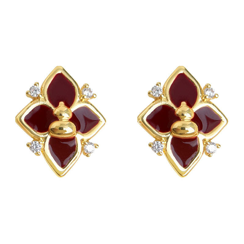 A廠-福祿~葫蘆原創設計925銀針微鑲鋯石琺瑯滴釉酒紅色芒星耳釘耳飾女「6988」25.10-5