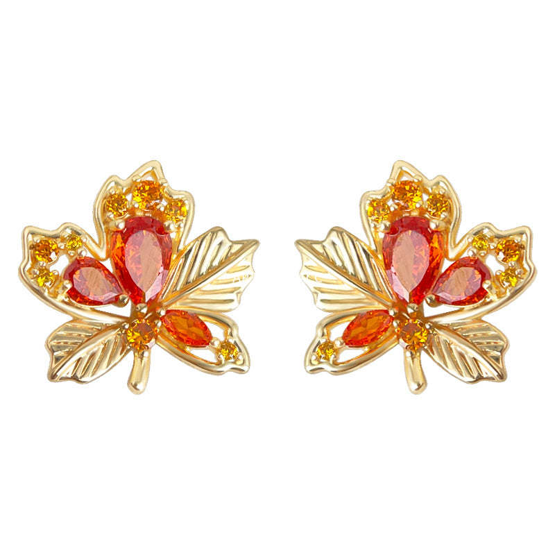 A廠-原創楓葉鑲嵌鋯石時尚通勤高級感輕奢風新款個性創意小眾耳環耳飾「7086」25.11-4