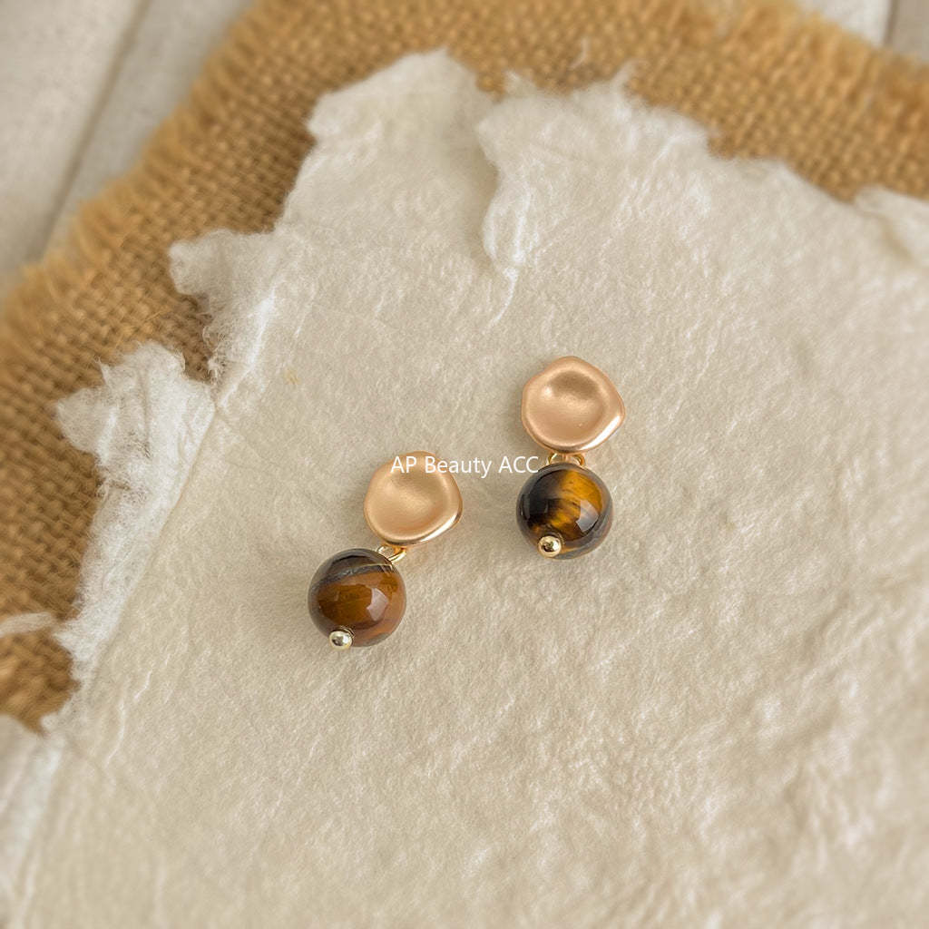 A廠-文藝復古天然石虎眼石925銀針時尚高級感簡約圓形幾何耳飾 耳環女「6994」25.10-5