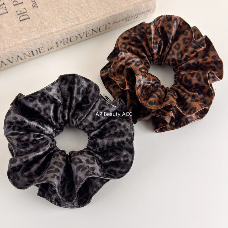 E廠-韓系咖色豹紋皮質大腸髮圈女高級感丸子頭超大號復古百搭髮飾頭繩「27657」25.11-2