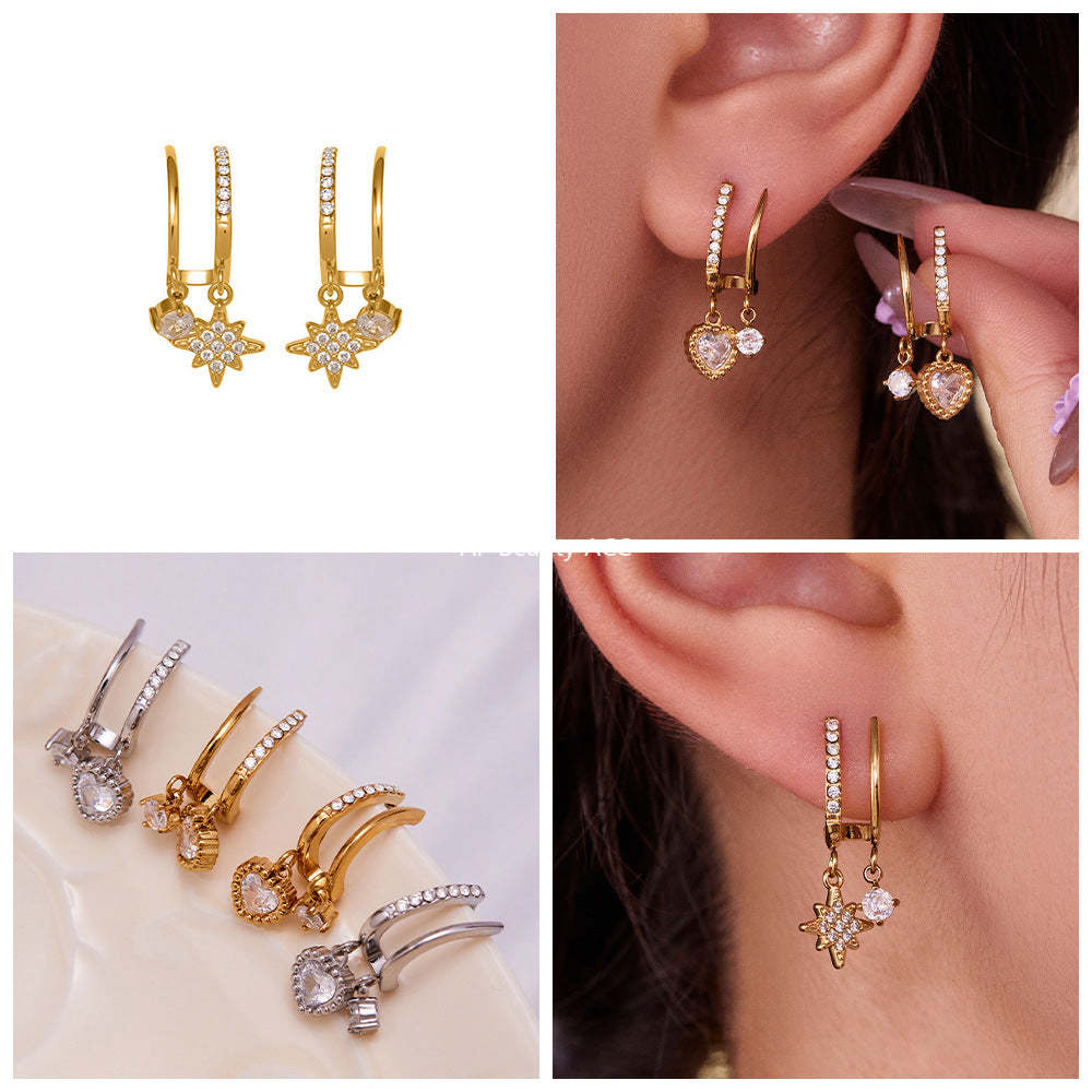 B廠-不鏽鋼5A鋯石雙層爪鑽超閃八芒星吊墜耳環跨境氣質百搭耳飾「F1327」25.10-5