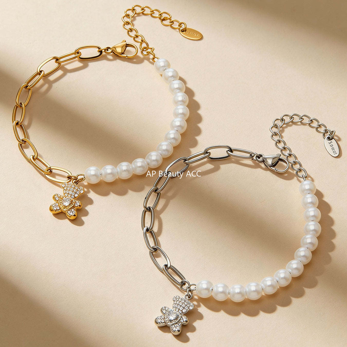 B廠-不鏽鋼愛心小熊鑲鋯石吊墜手工貝珠手鍊手指鏈組合手上鍍18k真金「E153-E162」25.12-3