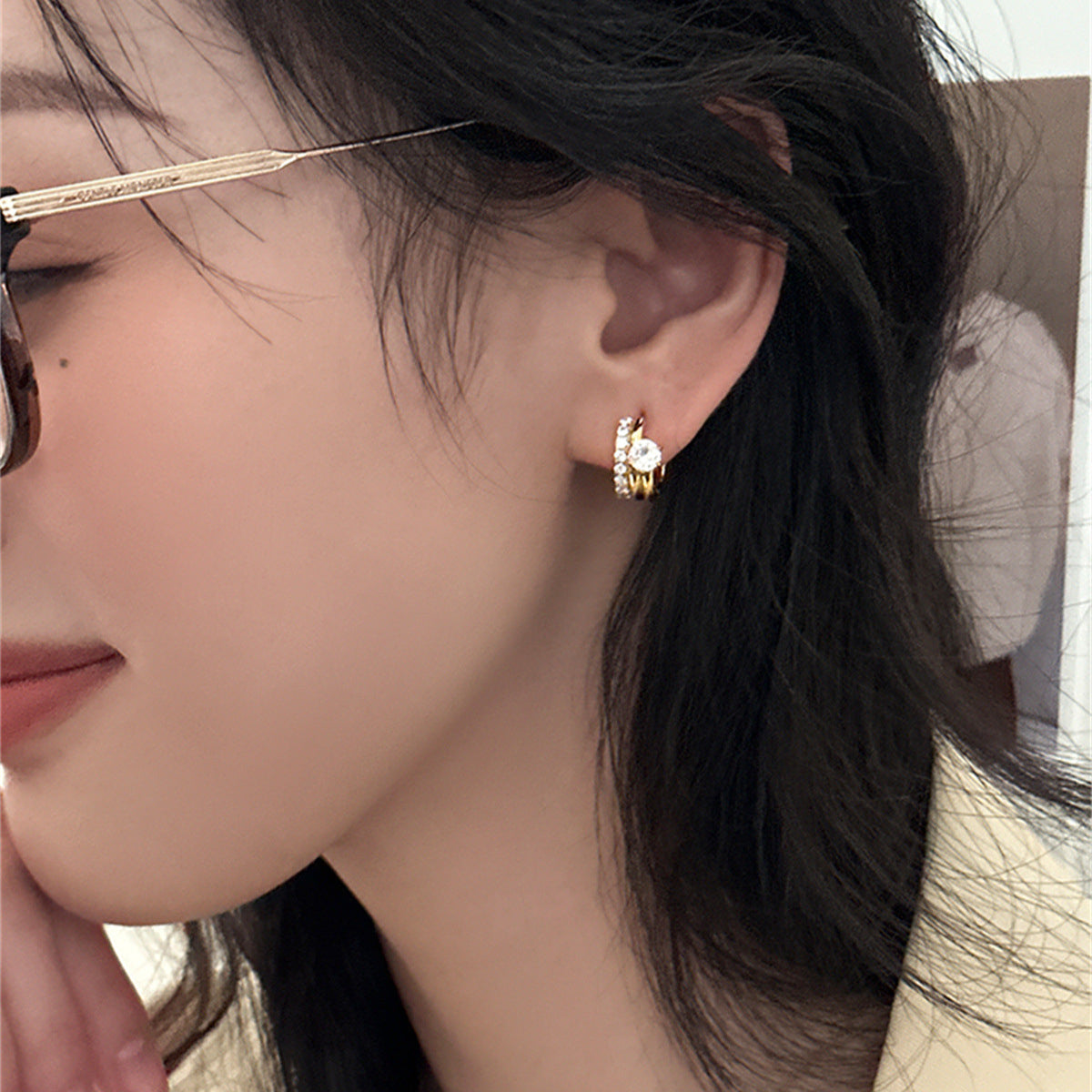 C廠-輕奢韓系鋯石耳環女復古疊戴風雙環銀針耳圈高級感小眾時尚耳飾「EH-3594」25.05-5