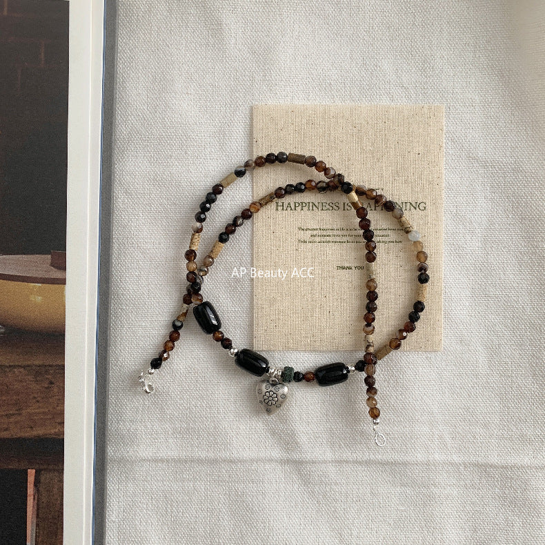 C廠-藏式民族風串珠項鍊S925純銀愛心花朵瑪瑙天然石文藝冷淡頸鏈手作「1607」25.11-2