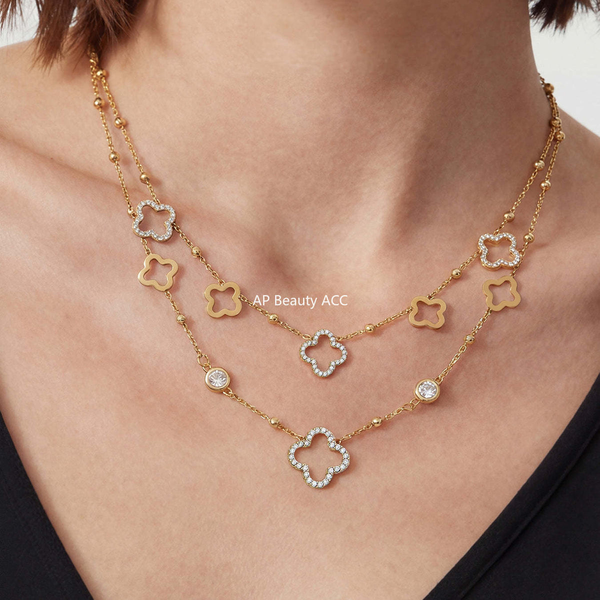 B廠-不鏽鋼5A鋯石Y字花朵流蘇項鍊鍍18k真金歐美時尚簡約輕奢珠寶首飾「P664」25.12-3