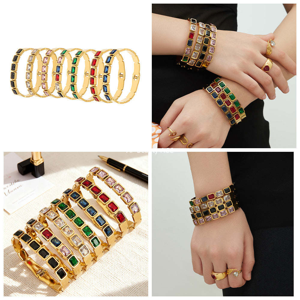 B廠-不鏽鋼方形彩色玻璃石手鐲ins小眾設計歐美潮酷飾品鍍18k金不掉色「Z518」25.12-2