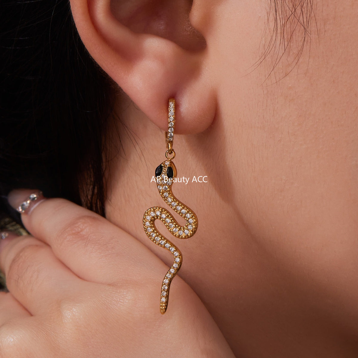 B廠-精緻5A鋯石蛇形滿鑽不鏽鋼戒指耳環首飾套裝鍍18k金跨境飾「TXF412」25.10-1