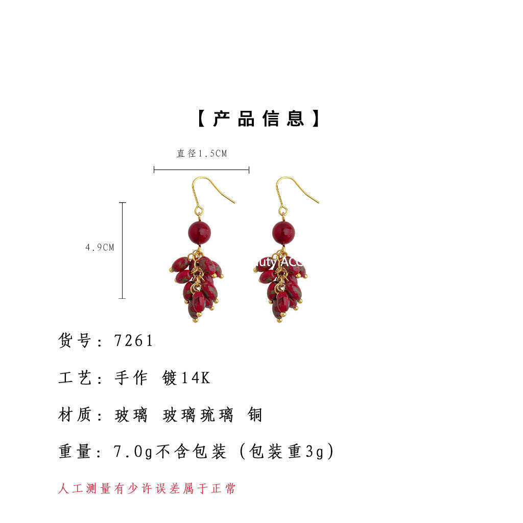 A廠-新中式火紅琉璃米珠長款流蘇手工耳環氣質國潮新款新年耳飾女「7261」25.12-3