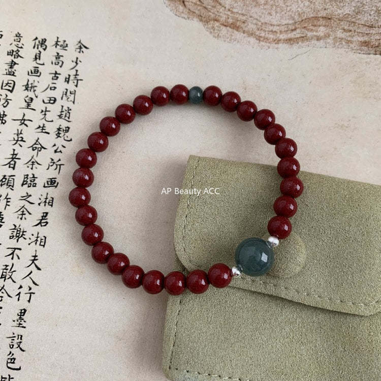 C廠-宮廷風國風 s925銀天然高含量天然朱砂手鍊天然翡翠手串小眾文玩「1636」25.12-3