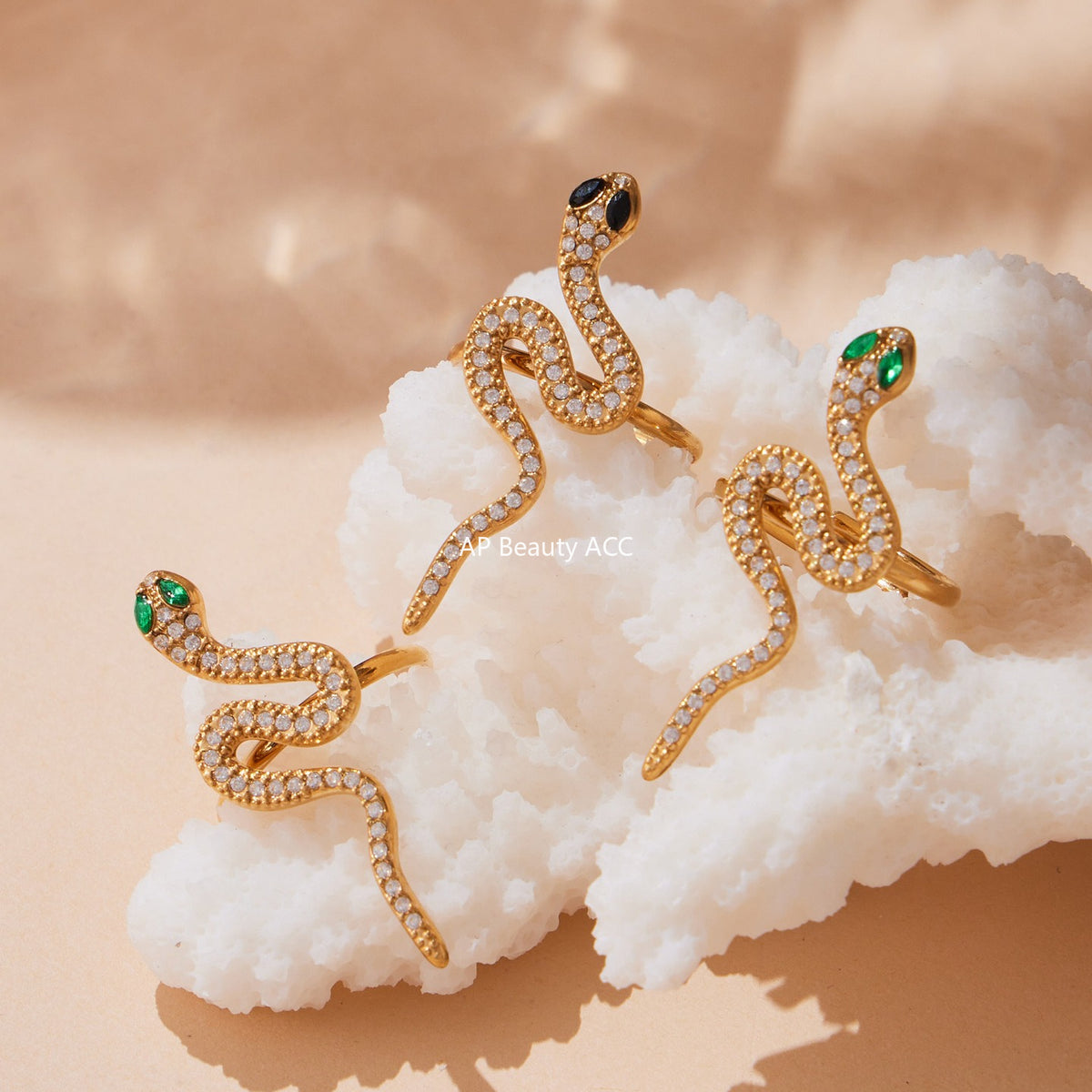 B廠-精緻5A鋯石蛇形滿鑽不鏽鋼戒指耳環首飾套裝鍍18k金跨境飾「TXF412」25.10-1