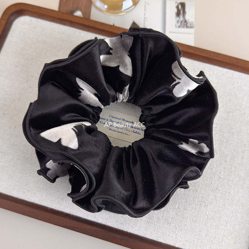 E廠-法式秋冬絲絨印花蝴蝶雙層大腸髮圈女氣質超大丸子頭馬尾頭繩頭飾「27695」25.11-3