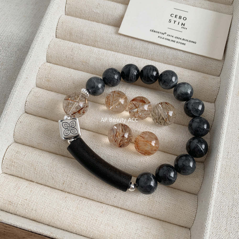 C廠-藏式古風 花朵方糖天然黑金超七水晶沈香木半鐲墨玉手串手工手鍊「1611」25.11-4