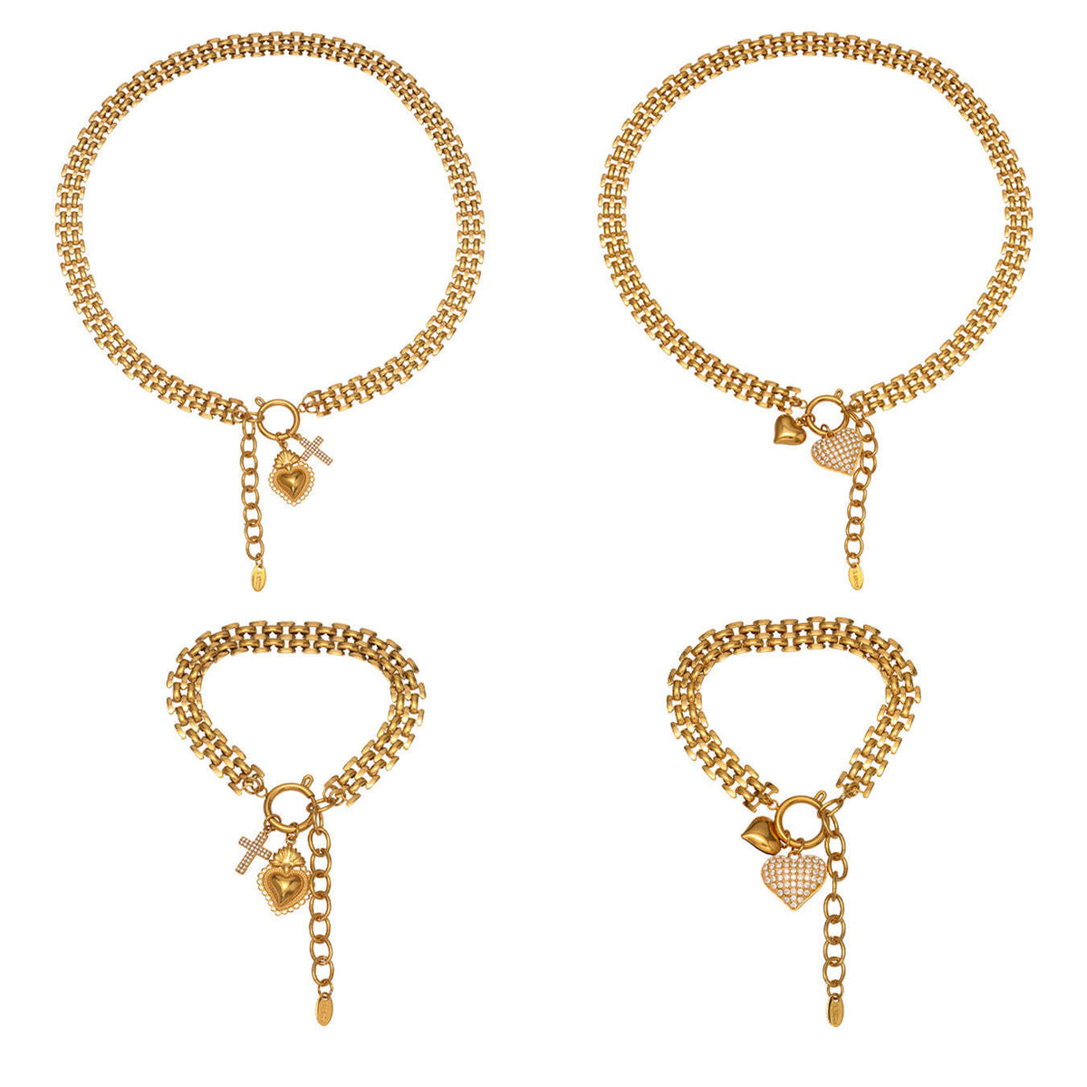 B廠-新款錶帶鏈彈工扣滿鑽鋯石愛心吊墜項鍊手鍊套裝不鏽鋼材質「TXP476」25.11-3