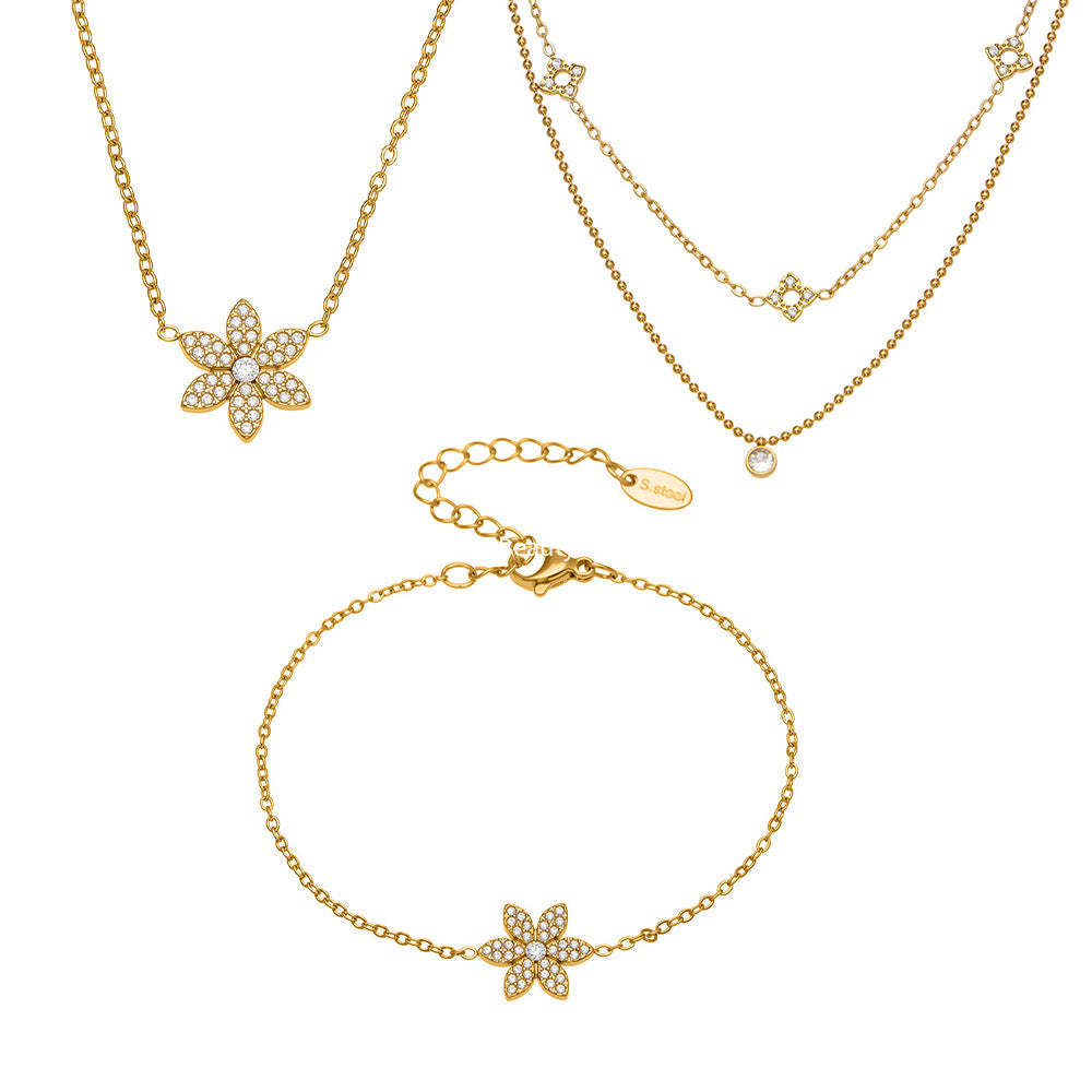 B廠-簡約時尚花朵滿鑽鋯石吊墜雙層疊戴項鍊不鏽鋼手鍊戒指套裝「TXP492」25.11-4