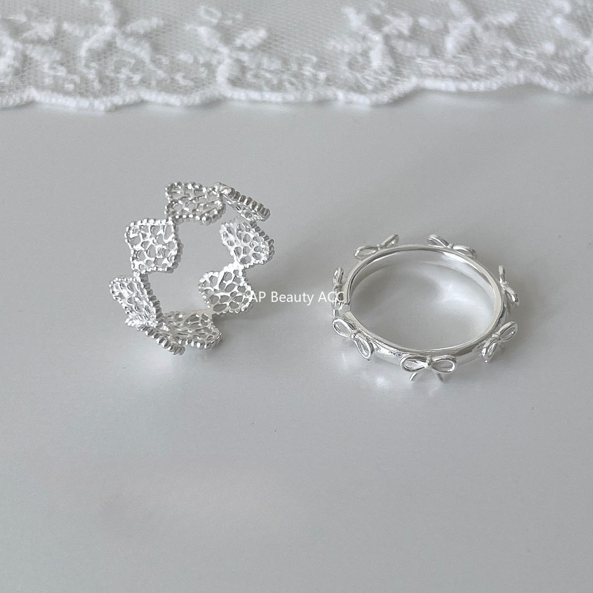 C廠-宮廷風蕾絲花邊純銀戒指輕奢小眾高級感蝴蝶結食指戒百搭氣質指環「JZ-0726」25.11-1