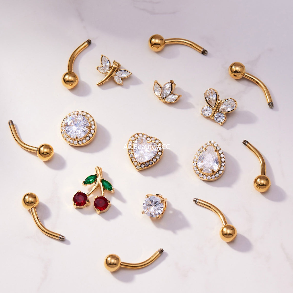 B廠-超閃5A鋯石愛心水滴造型肚臍釘不鏽鋼18k鍍金歐美穿刺飾品「H001」25.11-2