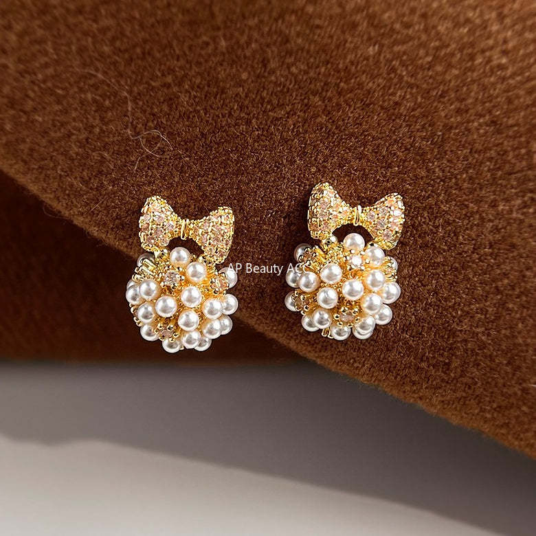 A廠-時尚高級感小香風s925銀針微鑲鋯石蝴蝶結幾何清新甜美耳環女「7204」25.12-2