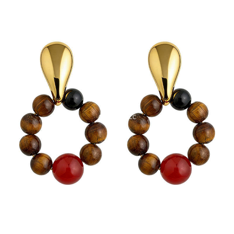 A廠-文藝復古時尚高級感天然石虎眼石幾何圓形氣質耳飾工廠耳環飾品女「7230」25.12-3